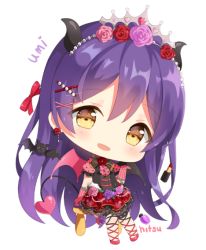 Rule 34 | 1girl, blush, character name, chibi, demon girl, demon horns, demon tail, demon wings, dress, gloves, hair between eyes, hair ornament, hairclip, hitsukuya, horns, long hair, looking at viewer, love live!, love live! school idol festival, love live! school idol project, open mouth, simple background, solo, sonoda umi, striped, tail, tiara, white background, wings
