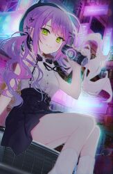Rule 34 | 1girl, absurdres, black headwear, black skirt, breasts, can, commentary request, demon girl, demon tail, green eyes, highres, holding, holding can, hololive, light particles, looking at viewer, low twintails, medium breasts, official alternate costume, official alternate hairstyle, pleated skirt, purple hair, rei toba, shirt, sitting, skirt, sleeveless, sleeveless shirt, smile, socks, solo, tail, thighs, tokoyami towa, tokoyami towa (jirai kei), twintails, twintails day, virtual youtuber, white shirt, white socks