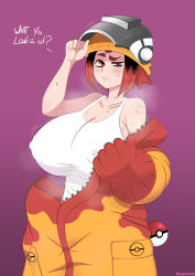 Rule 34 | 1girl, absurdres, breasts, cleavage, covered erect nipples, creatures (company), drunkavocado, english text, eyebrows, game freak, highres, nintendo, poke ball, pokemon, pokemon tcg, red eyes, red hair, shirt, short hair, simple background, solo, sweat, tank top, text focus, welder (pokemon)