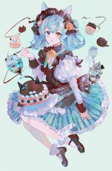 Rule 34 | 1girl, alt text, animal ears, bell, black footwear, blue dress, blue eyes, blue hair, blush, bow, bowtie, bracelet, brown shirt, cake, cat ears, cat girl, cat tail, chocolate, commission, cup, cupcake, dessert, dress, english text, floating, food, frilled dress, frilled footwear, frilled hairband, frilled shirt, frilled sleeves, frills, green background, hairband, heterochromia, highres, holding, holding spoon, ice cream, jamu (yakinikuoi4), jewelry, looking at viewer, mary janes, medium hair, orange bow, orange bowtie, orange eyes, original, parted lips, shirt, shoes, socks, solo, spoon, striped clothes, striped dress, tail, twintails, two-tone dress, white dress, white socks