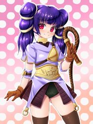 Rule 34 | 1girl, absurdres, archer (ragnarok online), arm strap, armor, armored skirt, belt, black panties, black thighhighs, blush, breastplate, brown gloves, closed mouth, collar, cosplay, cowboy shot, dress, faulds, fire emblem, fire emblem: the sacred stones, flat chest, gloves, gold choker, gold trim, gradient background, hair tie, hand up, highres, light smile, long hair, looking at viewer, midorinor, multi-tied hair, myrrh (fire emblem), nintendo, pale skin, panties, polka dot, polka dot background, purple hair, purple shirt, ragnarok online, red eyes, shiny skin, shirt, short dress, short sleeves, solo, standing, thighhighs, thighs, twintails, underwear, whip, zettai ryouiki