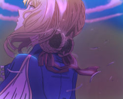 Rule 34 | 10s, 1girl, blonde hair, blue eyes, blue jacket, braid, braided bun, cloud, double bun, dress, from behind, hair between eyes, hair bun, hair ribbon, jacket, long sleeves, looking up, red ribbon, ribbon, risa1, sky, solo, violet evergarden, violet evergarden (series)