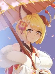 Rule 34 | 1girl, :3, animal ears, artist name, bare shoulders, blonde hair, blue background, brown eyes, closed mouth, commentary, dog ears, fang, fang out, granblue fantasy, highres, looking at viewer, petals, short hair, smile, solo, twitter username, umbrella, vajra (granblue fantasy), zakuromu