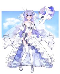 Rule 34 | ahoge, animal, azur lane, black bow, black bowtie, blue flower, blue rose, blue sky, blush, bow, bowtie, closed mouth, clothing cutout, cloud, collarbone, criac, day, detached sleeves, dress, flower, flying, hair flower, hair ornament, highres, juliet sleeves, long hair, long sleeves, navel, navel cutout, puffy sleeves, purple eyes, purple hair, rose, see-through, sky, sleeves past wrists, solo, standing, strapless, strapless dress, thighhighs, tiara, unicorn (azur lane), veil, very long hair, wavy mouth, white dress, white footwear, white thighhighs, winged unicorn