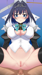 Rule 34 | 1boy, 1girl, ass, black thighhighs, blue eyes, blue hair, blush, bottomless, breasts, censored, earrings, floating headgear, hair intakes, hairband, headgear, highres, hololive, hololive english, jewelry, mosaic censoring, navel, nt00, ouro kronii, penis, puffy sleeves, pussy, short hair, spread legs, thighhighs, virtual youtuber