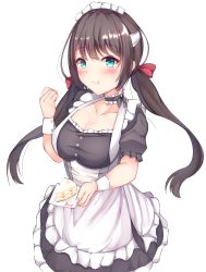 Rule 34 | 1girl, :t, aitama aizu, apron, azur lane, black dress, black hair, blue eyes, blush, breasts, cake, cake slice, cleavage, clenched hand, closed mouth, collarbone, commentary request, cowboy shot, dress, eating, food, frilled apron, frilled dress, frills, glasgow (azur lane), hair between eyes, hair ribbon, hand up, highres, holding, holding plate, long hair, looking at viewer, low twintails, maid, maid headdress, medium breasts, neck garter, plate, puffy short sleeves, puffy sleeves, red ribbon, ribbon, short sleeves, sidelocks, simple background, solo, standing, strawberry shortcake, taut clothes, taut dress, twintails, white apron, white background, wrist cuffs