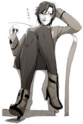 Rule 34 | 00s, 1girl, alcohol, boots, chie hallard, crossed legs, cup, cupping glass, drinking glass, face, glasses, high heel boots, high heels, kyo (kuroichigo), legs, monochrome, my-otome, pantyhose, shoes, sitting, solo, wine, wine glass