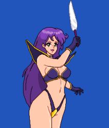 Rule 34 | 1girl, breasts, character request, cleavage, gloves, highres, legs, lipstick, long hair, makeup, medium breasts, navel, parted lips, pc-98 (style), pink lips, purple hair, smile, solo, thighs, weapon, yellow eyes