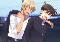 Rule 34 | 2boys, :d, ^ ^, alternate universe, amuro tooru, bandaid, bandaid on cheek, bandaid on face, belt, black jacket, blonde hair, blue eyes, blurry, blurry background, blush, brown hair, buttons, chain-link fence, closed eyes, collared shirt, commentary request, dirty, dirty clothes, dress shirt, fence, from side, gakuran, grey pants, hair between eyes, hand on another&#039;s shoulder, happy, jacket, jacket on shoulders, unworn jacket, k (gear labo), kudou shin&#039;ichi, laughing, long sleeves, looking at another, male focus, meitantei conan, multiple boys, open mouth, pants, school uniform, scratches, shirt, short hair, sleeves rolled up, smile, standing, upper body, white shirt