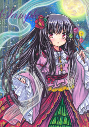 Rule 34 | 1girl, bamboo, black hair, blouse, blush, bow, flower, full moon, hair flower, hair ornament, hand up, houraisan kaguya, long hair, long sleeves, looking at viewer, marker (medium), moon, night, night sky, open mouth, pink shirt, pink sleeves, red eyes, red flower, red skirt, rui (sugar3), shirt, skirt, sky, solo, touhou, traditional media, white bow, white neckwear, yellow moon