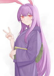 Rule 34 | 1girl, alternate costume, animal ears, blush, closed mouth, commentary request, cowboy shot, green sash, hair intakes, highres, japanese clothes, kimono, long hair, looking at viewer, ni (221), obi, purple hair, purple kimono, rabbit ears, red eyes, reisen udongein inaba, sash, sidelocks, simple background, smile, solo, touhou, v, very long hair, white background