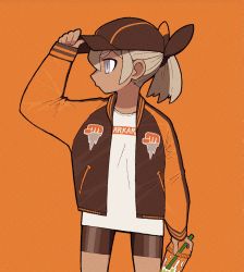 Rule 34 | 1girl, alternate costume, baseball cap, bea (pokemon), bear ringer, bike shorts, blonde hair, brown hat, commentary request, creatures (company), cup, dark-skinned female, dark skin, disposable cup, drinking straw, game freak, grey eyes, hand on headwear, hat, highres, holding, jacket, liquid, long sleeves, looking to the side, nintendo, open clothes, open jacket, orange background, pokemon, pokemon swsh, ponytail, shirt, solo, white shirt