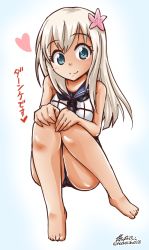 Rule 34 | 10s, 1girl, bare legs, barefoot, blue eyes, dark skin, dark-skinned female, flower, flower on head, hair flower, hair ornament, hands on own knees, heart, kantai collection, long hair, looking at viewer, ro-500 (kancolle), school swimsuit, school uniform, serafuku, signature, silver hair, sitting, smile, solo, swimsuit, swimsuit under clothes, thighs, translation request, yamato nadeshiko