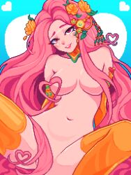 Rule 34 | 1girl, absurdres, aphrodite (hades), breasts, flower, hades (series), hades 2, hair censor, hair flower, hair ornament, heart, highres, long hair, looking at viewer, navel, nude, parted lips, pink hair, pixel art, red eyes, solo, thighhighs, very long hair, yumykon