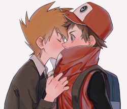 Rule 34 | 2boys, ay (1054105084), backpack, bag, baseball cap, black shirt, blue oak, blush, brown eyes, brown hair, closed eyes, coat, commentary, creatures (company), from side, game freak, hands up, hat, high collar, highres, jacket, kiss, long sleeves, male focus, multiple boys, nintendo, pokemon, pokemon hgss, pokemon masters ex, red (pokemon), red (sygna suit) (pokemon), red coat, red headwear, shirt, short hair, simple background, sleeveless, sleeveless coat, spiked hair, upper body, white background, yaoi