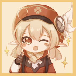 Rule 34 | 1girl, :d, akashin, beret, blonde hair, border, genshin impact, hat, jacket, klee (genshin impact), long hair, long sleeves, looking at viewer, one eye closed, open mouth, orange background, orange border, pointy ears, red eyes, red hat, red jacket, simple background, smile, solo, star (symbol), thumbs up