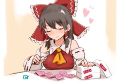 Rule 34 | 1girl, ascot, black hair, blush, breast rest, breasts, breasts on table, commentary request, condom, condom box, condom packet strip, condom wrapper, detached sleeves, closed eyes, hair ribbon, hair tubes, hakurei reimu, hasegawa keita, heart, large breasts, long hair, needle, red ribbon, red shirt, ribbon, ribbon-trimmed sleeves, ribbon trim, sabotaged condom, shirt, smile, touhou, white sleeves