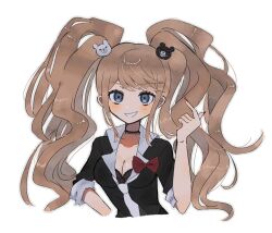 Rule 34 | 1girl, bear hair ornament, black eyes, black shirt, blonde hair, blue eyes, blush, bow, breasts, cleavage, collarbone, cropped torso, danganronpa: trigger happy havoc, danganronpa (series), enoshima junko, grey necktie, grin, hair ornament, large breasts, long hair, looking at viewer, mikomi (90m5x), nail polish, necktie, red bow, red nails, shirt, simple background, skirt, sleeves rolled up, smile, solo, swept bangs, teeth, twintails, white background