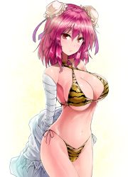 Rule 34 | 1girl, bandaged arm, bandages, bare shoulders, bikini, breasts, commentary request, cowboy shot, criss-cross halter, double bun, gradient background, hair bun, halterneck, ibaraki kasen, large breasts, looking at viewer, medium hair, navel, pink eyes, pink hair, side-tie bikini bottom, solo, standing, swimsuit, thighs, tiger stripes, touhou, white background, y2, yellow background