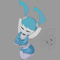 Rule 34 | 1girl, android, arms up, blush, breasts, cleavage, closed eyes, highres, jenny wakeman, mega milk, my life as a teenage robot, simple background, solo, sweat, the boogie