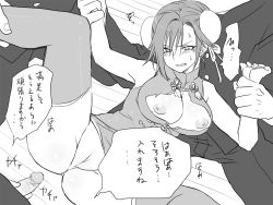 Rule 34 | 1girl, breasts, censored, comic, cosplay, double bun, eroe, gender request, genderswap, greyscale, igarashi kyou (eroe), imminent rape, large breasts, monochrome, nipples, original, penis, pussy, short hair, torn clothes, translation request