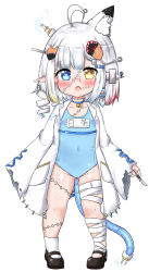 Rule 34 | 1girl, ahoge, animal ear fluff, animal ears, bailingxiao jiu, bandaged leg, bandages, bell, black footwear, blonde hair, blue choker, blue eyes, blue hair, blue leotard, blush, braid, breasts, choker, collarbone, ear piercing, electricity, full body, glasses, gluteal fold, hair ornament, heart, heart-shaped pupils, heterochromia, highres, holding, holding knife, jingle bell, knife, lab coat, leotard, long hair, long sleeves, looking at viewer, mary janes, multicolored hair, name tag, neck bell, open clothes, open mouth, original, piercing, pointy ears, red-framed eyewear, red hair, ringlets, shoes, side braid, simple background, single braid, single sock, sleeves past wrists, small breasts, socks, solo, standing, stitches, streaked hair, symbol-shaped pupils, tail, teeth, upper teeth only, white background, white hair, white socks, wide sleeves, yellow eyes