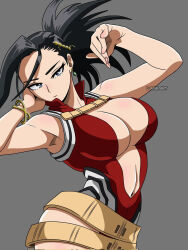 Rule 34 | 1girl, arm behind head, armpits, artist name, ass, bare shoulders, black eyes, black hair, boku no hero academia, breasts, center opening, cleavage, female focus, grey background, halterneck, highres, large breasts, leotard, long hair, looking at viewer, matching hair/eyes, navel, ponytail, red leotard, revealing clothes, sleeveless, solo, standing, superhero costume, thighs, wide hips, yaoyorozu momo