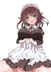 1girl :d aoi_tori_(purple_software) apron aqua_eyes blush bow breasts brown_hair brown_skirt clothes_lift commentary_request cowboy_shot empty_eyes eyes_visible_through_hair frilled_apron frills groin hair_between_eyes hair_bow highres juliet_sleeves large_breasts lifting_own_clothes long_sleeves looking_at_viewer maid maid_headdress medium_hair neck_ribbon no_panties open_mouth out-of-frame_censoring pnsk4125 puffy_sleeves red_bow red_ribbon ribbon simple_background skirt skirt_lift smile solo sweat tsurime two_side_up umino_akari white_apron white_background