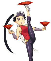 Rule 34 | 1girl, :o, animal, animal on head, balancing, bare shoulders, bird, bird on head, black hair, bowl, breasts, capri pants, chinese clothes, eyeshadow, feng (skullgirls), high kick, kicking, leg lift, leg up, makeup, multicolored hair, on head, open mouth, pants, red eyes, short hair, simple background, skullgirls, small breasts, solo, spread legs, standing, standing on one leg, triple wielding, tsukudani (coke-buta), two-tone hair, vambraces, white background