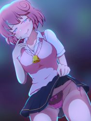 Rule 34 | 1girl, bell, black skirt, blue eyes, blurry, blurry background, blush, breasts, gluteal fold, gyaru, hand up, highres, licking lips, lifting own clothes, looking at viewer, medium breasts, panties, pastel (twinbee), pink hair, pink sweater, q:re (bit-test), shirt, short hair, side-tie panties, simple background, skirt, solo, standing, sweater, sweater vest, tongue, tongue out, twinbee, underwear, white shirt