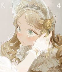 Rule 34 | 2girls, blush, bonnet, chinese commentary, closed mouth, commentary request, curly hair, dress, green eyes, grey background, hand on another&#039;s face, highres, lace, lace trim, light brown hair, lolita fashion, long hair, monday recover, multiple girls, original, tearing up, tears, watch, wrist cuffs, yuri