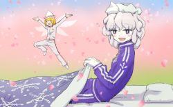 Rule 34 | 2girls, :d, blanket, blue eyes, fairy, fairy wings, futon, hat, letty whiterock, lily white, long sleeves, meimaru inuchiyo, multiple girls, open mouth, outstretched arms, petals, silver hair, smile, snowflake print, spread arms, spring (season), touhou, track suit, white hat, wings