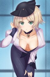 Rule 34 | 1girl, absurdres, blush, breasts, downblouse, druvis iii, extended downblouse, green eyes, hanging breasts, hat, highres, katsuragi b k, leaning forward, looking at viewer, medium breasts, navel, no bra, parted lips, reverse:1999, short hair, solo, textless version