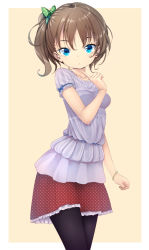 Rule 34 | 1girl, :&lt;, blue eyes, bow, bracelet, brown hair, finger to own chin, hair bow, highres, jewelry, original, pantyhose, short hair, side ponytail, skirt, solo, standing, zizi (zz22)