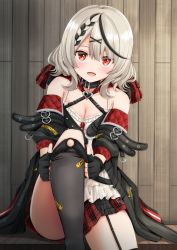 Rule 34 | 1girl, absurdres, armpit crease, bare shoulders, bench, blush, breast press, breasts, cleavage, frills, highres, hololive, holox, jacket, kamesys, looking at viewer, medium breasts, open mouth, red eyes, sakamata chloe, sakamata chloe (1st costume), short hair, sitting, smile, thighs, undressing, virtual youtuber, wavy hair, white hair, wooden bench, wooden wall