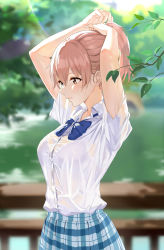Rule 34 | arms up, blue bow, blue bowtie, blurry, blurry background, bow, bowtie, bra, bra visible through clothes, breasts, brown eyes, brown hair, buttons, checkered clothes, checkered skirt, closed mouth, collared shirt, commentary request, day, highres, koe no katachi, lens flare, medium breasts, nishimiya shouko, outdoors, ponytail, railing, rain, reflection, school uniform, see-through, shirt, shirt tucked in, short sleeves, skirt, solo, standing, sunlight, tree, tying hair, underwear, water, wet, wet clothes, wet shirt, white bra, white shirt, yunsang