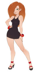 Rule 34 | 1girl, bare shoulders, black dress, bracelet, breasts, cheshirrr, closed mouth, collarbone, commentary, covered navel, dress, duplicate, earrings, english commentary, feet, full body, green eyes, hair over one eye, hand on own hip, hand on own thigh, high heels, highres, jewelry, kim possible (series), kim possible, long hair, looking at viewer, medium breasts, no legwear, official alternate costume, orange hair, pixel-perfect duplicate, red bracelet, shoes, simple background, smile, solo, standing, toes, white background