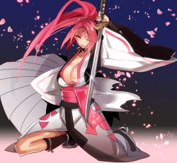 Rule 34 | 1girl, arc system works, bad id, bad pixiv id, baiken, breasts, cherry blossoms, cleavage, facial tattoo, guilty gear, hyakuhachi (over3), katana, kneeling, large breasts, long hair, one-eyed, one eye closed, pink hair, ponytail, scar, scar across eye, scar on face, solo, sword, tattoo, weapon