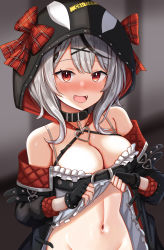 Rule 34 | 1girl, absurdres, animal hood, bare shoulders, belt collar, black gloves, black hair, blush, bow, breasts, camisole, cleavage, clothes lift, collar, fang, fingerless gloves, gloves, hair ornament, heart, heart necklace, highres, hololive, hood, hood up, jacket, jewelry, looking at viewer, mask, multicolored hair, navel, necklace, nootomo, off-shoulder jacket, off shoulder, open mouth, orca hood, plaid, plaid bow, plaid skirt, red eyes, sakamata chloe, sakamata chloe (1st costume), silver hair, skirt, solo, streaked hair, virtual youtuber, white camisole, x hair ornament