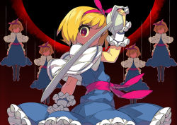 Rule 34 | 1girl, alice margatroid, blonde hair, capelet, doll, dress, eclipse, faceless, hairband, itsumo nokoru, marionette, puppet, red eyes, saber (weapon), shanghai doll, short hair, solo, string, sword, touhou, weapon, wrist cuffs
