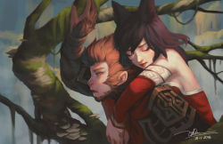 Rule 34 | 1boy, 1girl, ahri (league of legends), animal ears, bare shoulders, black hair, bracelet, brown hair, dao trong le, dated, detached sleeves, highres, hug, hug from behind, in tree, jewelry, league of legends, signature, sitting, sitting in tree, tree, branch, wukong (league of legends), yellow eyes