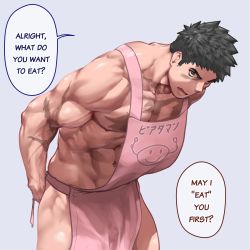 Rule 34 | 1boy, abs, alchemy stars, apron, bara, black hair, facial scar, highres, large pectorals, male focus, muscular, muscular male, naked apron, navel, open mouth, pectorals, pink apron, pittman (alchemy stars), riegaiestige, scar, scar on arm, scar on cheek, scar on chest, scar on face, short hair, solo, thighs