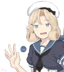 Rule 34 | 1girl, black neckerchief, blonde hair, blue eyes, blue sailor collar, character name, dress, hat, hikashima (shiofune), janus (kancolle), kantai collection, looking at viewer, neckerchief, parted bangs, sailor collar, sailor dress, sailor hat, short hair, short sleeves, smile, solo, upper body, waving, white dress, white hat