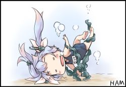 Rule 34 | 1girl, = =, black border, blue hair, blue one-piece swimsuit, blush, border, bubble, chibi, closed eyes, gradient hair, hair ornament, hair ribbon, hairclip, ham (points), i-19 (kancolle), kantai collection, long hair, multicolored hair, one-piece swimsuit, open mouth, pink hair, ribbon, school swimsuit, seaweed, signature, solo, swimsuit, tri tails, underwater