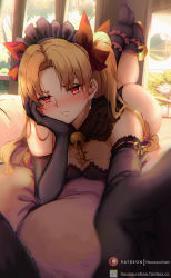Rule 34 | 1girl, black thighhighs, blonde hair, breasts, detached collar, ereshkigal (fate), fate/grand order, fate (series), highres, housou-kun, jewelry, long hair, looking at viewer, medium breasts, necklace, parted bangs, red eyes, skull necklace, solo, thighhighs, two side up