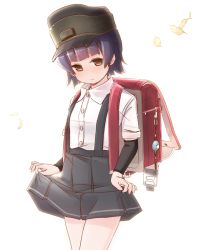 Rule 34 | 1girl, arare (kancolle), arm warmers, backpack, bag, black hair, black hat, black skirt, brown eyes, commentary, crime prevention buzzer, fujisaki yuu, hat, kantai collection, lifted by self, looking at viewer, one-hour drawing challenge, pleated skirt, randoseru, shirt, short hair, short sleeves, simple background, skirt, skirt hold, solo, suspender skirt, suspenders, white background, white shirt