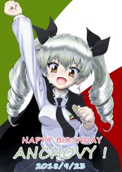 Rule 34 | 10s, 1girl, :d, absurdres, anchovy (girls und panzer), anzio school uniform, arm up, bad id, bad twitter id, belt, black belt, black cape, black necktie, black ribbon, black skirt, cape, character name, clenched hands, commentary, cowboy shot, dated, daxz240r, dress shirt, drill hair, emblem, english text, flag background, girls und panzer, green hair, hair ribbon, happy birthday, highres, holding, italian flag, long hair, long sleeves, looking at viewer, necktie, open mouth, pleated skirt, raised fist, red eyes, ribbon, school uniform, shirt, skirt, smile, solo, standing, twin drills, twintails, white shirt