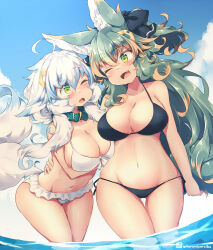 Rule 34 | 2girls, ;d, animal ears, bikini, black bikini, blue hair, blue sky, breasts, cloud, collar, commentary request, day, fang, frilled bikini, frills, green collar, green eyes, green hair, kuromiya, kuromiya raika, large breasts, long hair, looking at another, multicolored hair, multiple girls, navel, ocean, one eye closed, open mouth, orange hair, original, shiromiya asuka, sky, smile, standing, swimsuit, tail, twitter username, two-tone hair, white hair