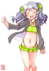 Rule 34 | 1girl, alternate hairstyle, artist logo, bikini, black jacket, commentary request, cowboy shot, dated, closed eyes, flat chest, frilled bikini, frilled bikini, frills, green bikini, green ribbon, hair ribbon, highres, jacket, kanon (kurogane knights), kantai collection, long hair, navel, open clothes, open jacket, open mouth, outstretched arm, ribbon, sidelocks, silver hair, simple background, smile, solo, swimsuit, twintails, wavy hair, white background, yamagumo (kancolle)
