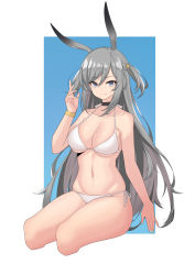 Rule 34 | 1girl, absurdres, animal ears, aqua nails, arknights, bare arms, bare shoulders, bikini, black choker, bracelet, breasts, choker, commentary request, cropped legs, gdee, grey eyes, hair between eyes, halterneck, hand up, highres, jewelry, large breasts, long hair, looking at viewer, nail polish, navel, rabbit ears, savage (arknights), side-tie bikini bottom, silver hair, sitting, smile, solo, stomach, string bikini, swimsuit, thighs, two side up, very long hair, white bikini